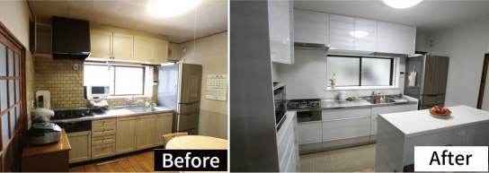 キッチンとリビングの間にあった食器棚を撤去。全面を白色で統一し、明るく清潔感のあるキッチンに